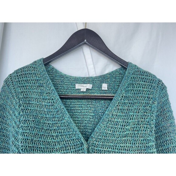 Vince Marled Crochet Cardigan Medium Neck Long Sleeve Knit Green Open Front - Picture 2 of 7